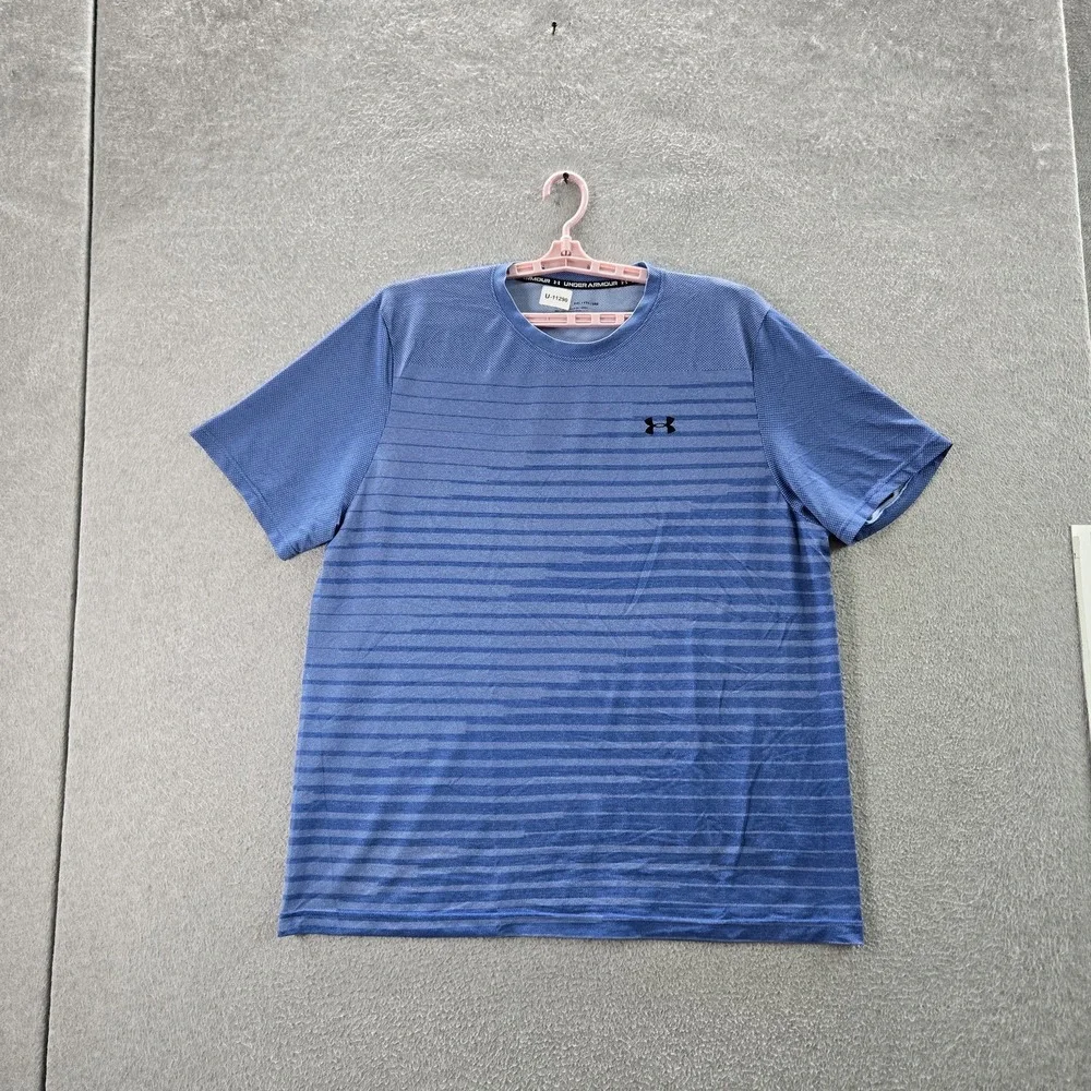 Under Armour Men Shirt XXL‎ Blue Striped Activewear Logo Fitted Short Sleeve